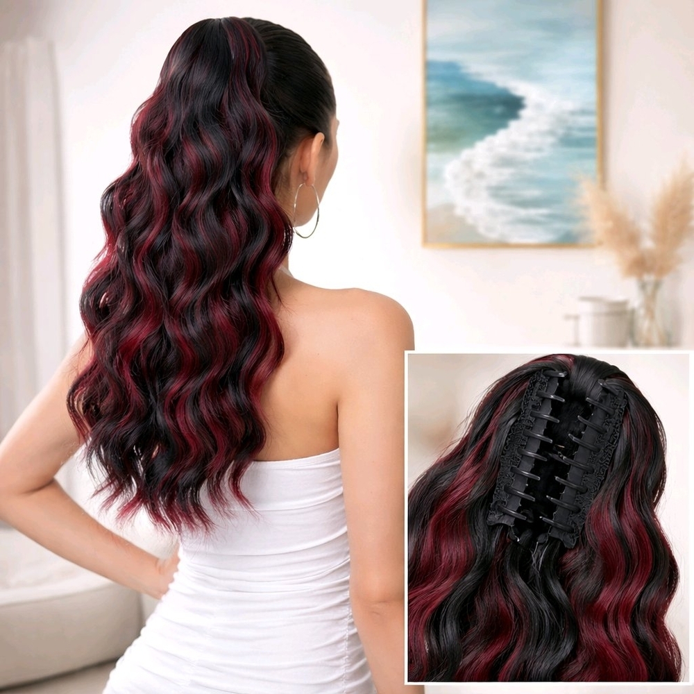 Transform Your Look SuperCute 18-inch Black and Red Ponytail Claw Clip Extension